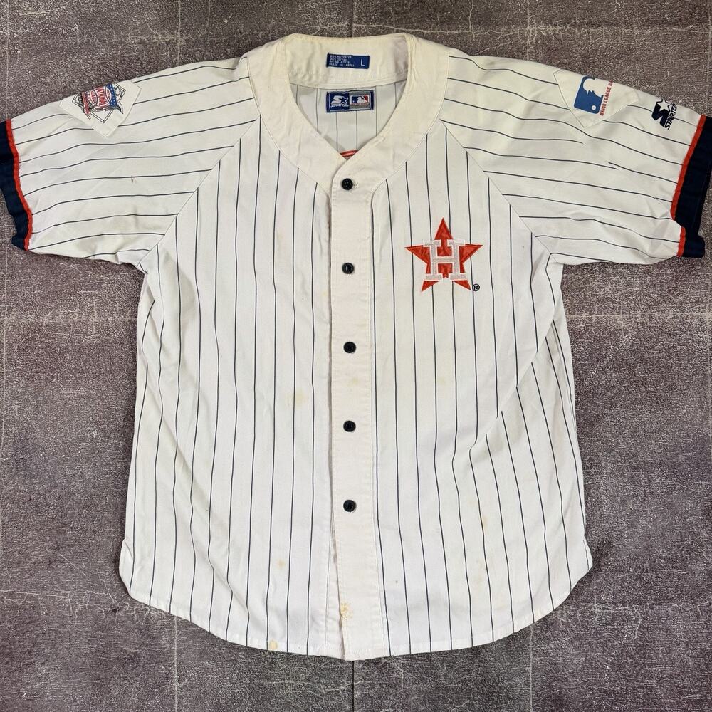 Men's Vintage 90's Starter Houston Astros White Navy Blue Pinstripe Jersey Sz L